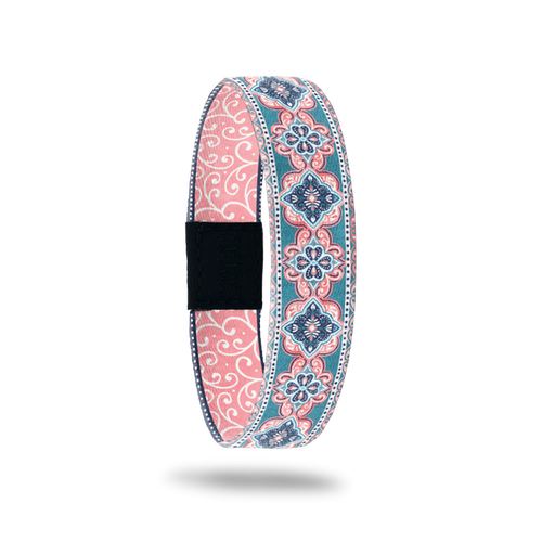 Light pink and muted teal design of Victorian designed mandalas. Inside is pink and white swirls and reads Stay Humble Stay Kind.