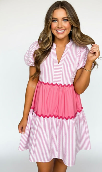 Striped Ric Rac Dress - Pink