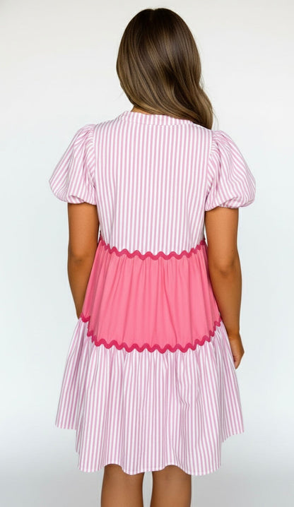 Striped Ric Rac Dress - Pink
