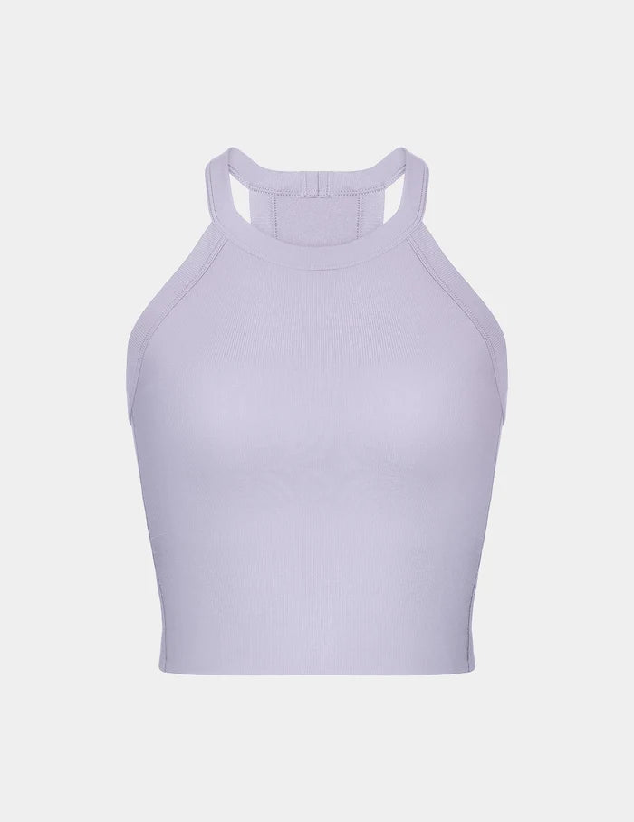 | View of Studio Ribbed Bra Top shown front-facing against a light gray background | Purple Heather