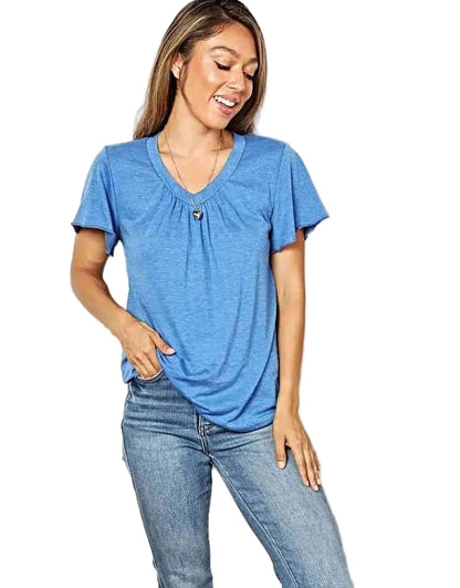 Stylish Ruched V-Neck T-Shirt with Flutter Sleeves - Chic Everyday Essential Trendsi