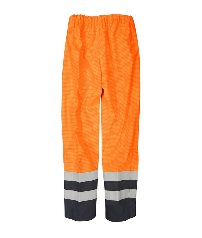 Tanaga Hydra Matrix hi-vis orange overtrouser with navy trim zip gusset adjustable hem elastic waistband FR anti-static breathable fabric