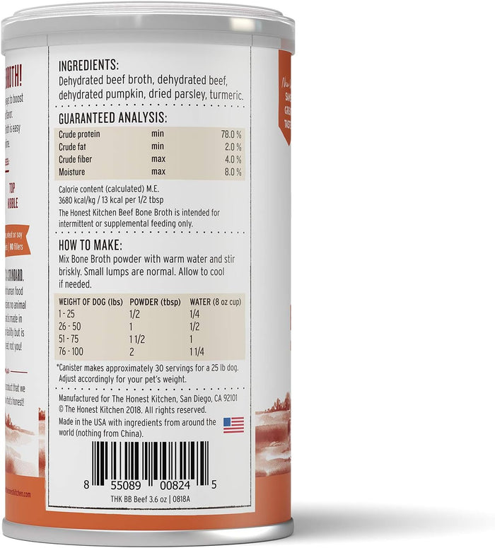 The Honest Kitchen Human Grade Daily Boosts Instant Beef Bone Broth with Turmeric for Dogs 3.6 Ounces - Dog.Dog.Cat.