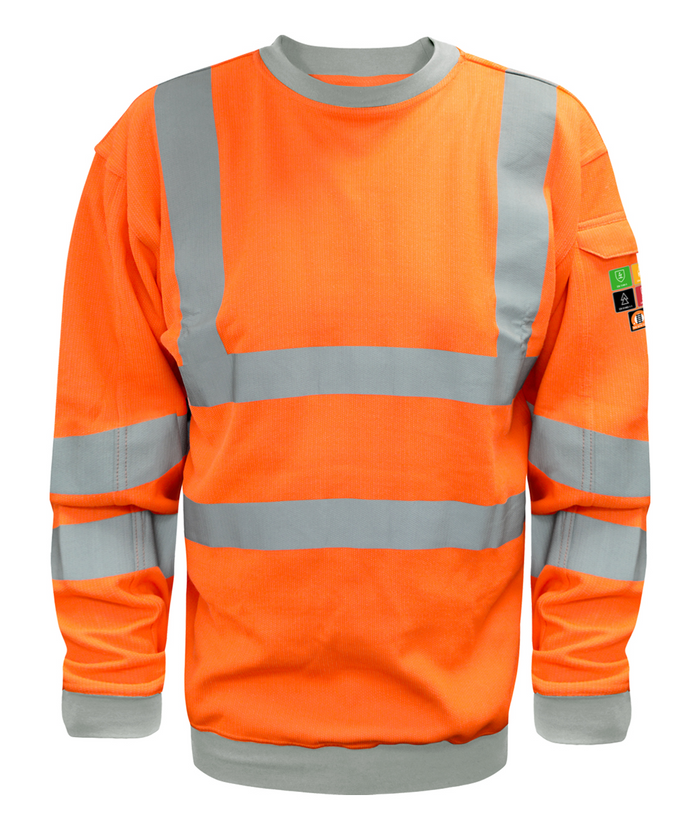 Theorem Hi Vis Flame Retardant ARC long sleeve sweatshirt orange with FR reflective tape two bands braces and sleeve pocket