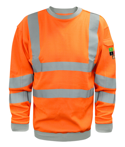 Theorem Hi Vis Flame Retardant ARC long sleeve sweatshirt orange with FR reflective tape two bands braces and sleeve pocket