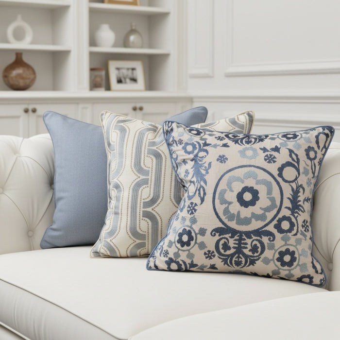 VERSAILLES EMBROIDERED PILLOW BLUE FLORAL