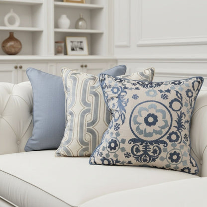 VERSAILLES EMBROIDERED PILLOW BLUE/IVORY GEOMETRIC