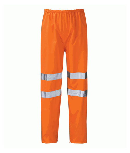 Warrior Hi Vis Waterproof Over Trousers high-visibility yellow with sewn reflective tape elasticated waist zip-adjustable hems and side pockets