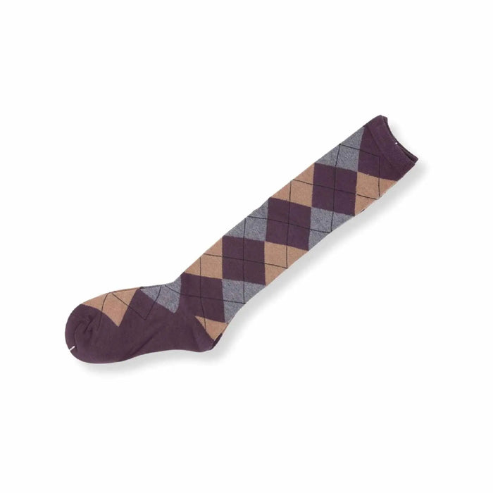 Womens Check Diamond Knee High Socks Argyle Pattern Brown - Pantsnsox
