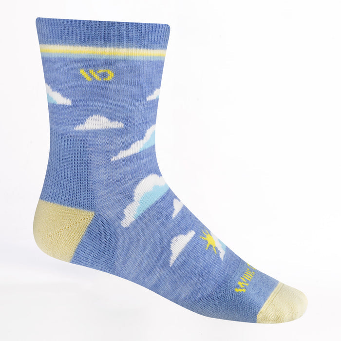 9508 cloud hopper cushioned micro crew in sky featuring a light yellow heel/toe blue body and clouds all over