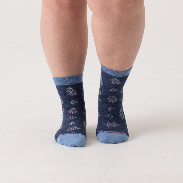 Micro Crews on model with light blue heel/toe/cuff, Denim body and white design --Light Gray/Denim
