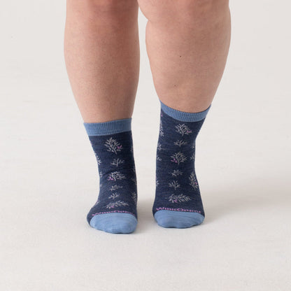 Micro Crews on model with light blue heel/toe/cuff, Denim body and white design --Light Gray/Denim