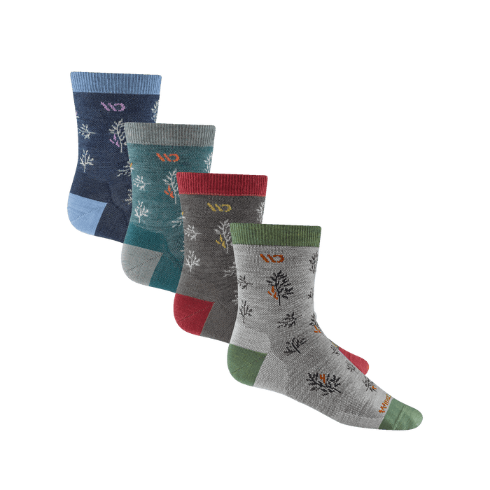 Bundle image of the four colorways in 9503 foliage micro crew--Light Gray/Teal/Denim/Taupe