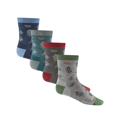 Bundle image of the four colorways in 9503 foliage micro crew--Light Gray/Teal/Denim/Taupe