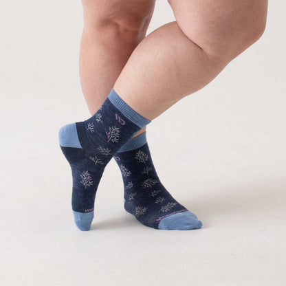 Micro Crews on model with light blue heel/toe/cuff, Denim body and white design --Light Gray/Teal/Denim/Taupe