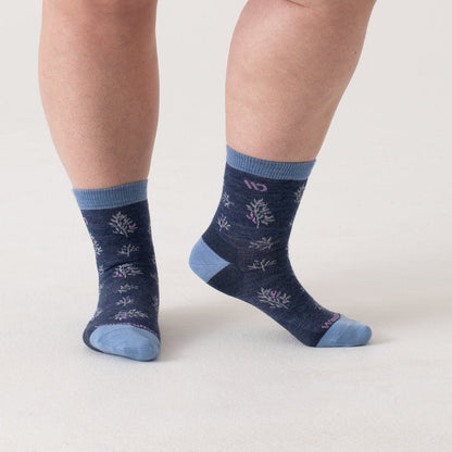 Micro Crews on model with light blue heel/toe/cuff, Denim body and white design --Light Gray/Teal/Denim/Taupe