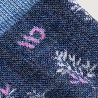 Detail featuring a lavender logo and design in white --Light Gray/Teal/Denim/Taupe