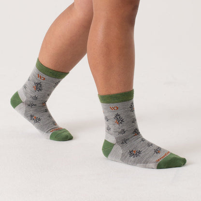 Micro Crew on model with green heel/toe/cuff, gray body and navy design --Light Gray/Teal/Denim/Taupe