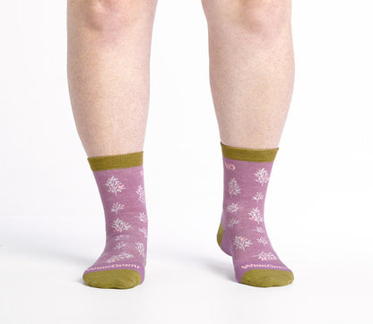 Micro Crews on model with gold heel/toe/cuff, Pink body and white design