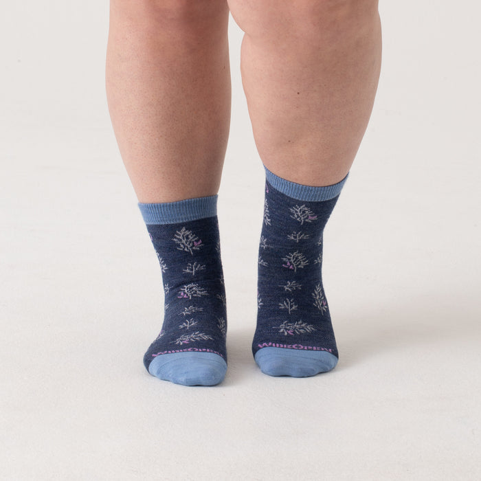 Micro Crews on model with light blue heel/toe/cuff, Denim body and white design --Denim