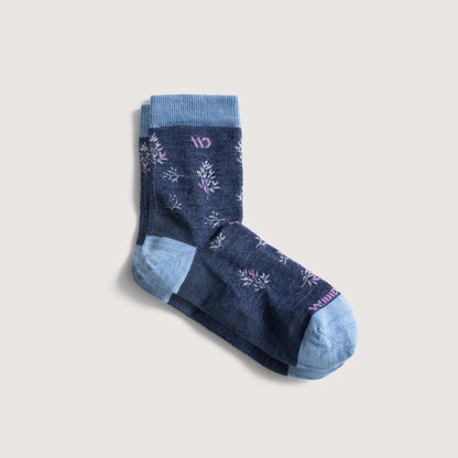 Flat socks, featuring light blue heel/toe, denim body, lavender logo and white detail --Denim
