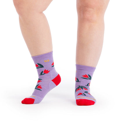 on model image with one sock to the side one facing forward wearing the 9507 full bloom in tulip purple
