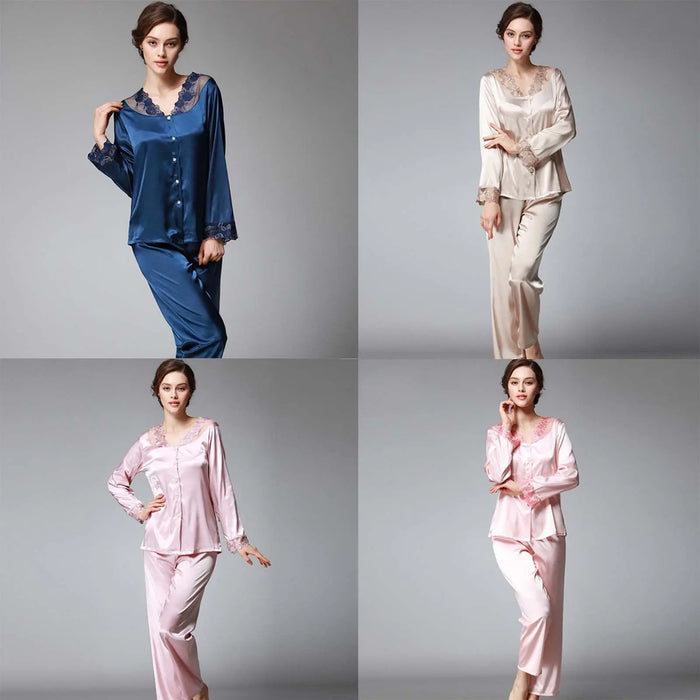 Womens Lace Silk Feel Nightie Long Sleeve Sleepwear Top Pants Pajama Set Spring - Pantsnsox