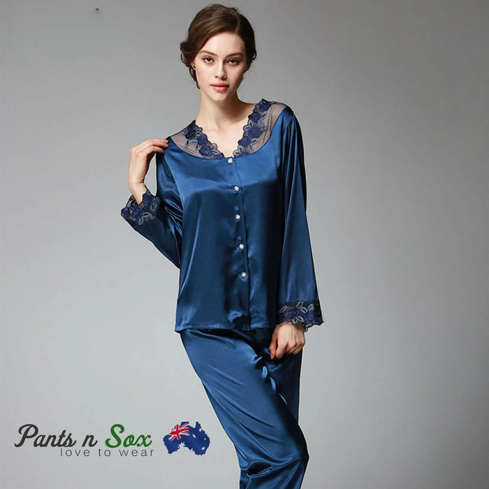 Womens Lace Silk Feel Nightie Long Sleeve Sleepwear Top Pants Pajama Set Spring - Pantsnsox