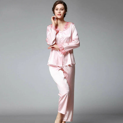 Womens Lace Silk Feel Nightie Long Sleeve Sleepwear Top Pants Pajama Set Spring - Pantsnsox