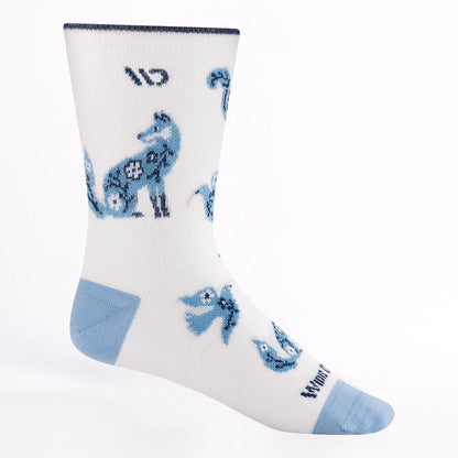 Women's woodland wonder lightweight micro crew in white featuring light blue heel/toe and wildlife designs all over