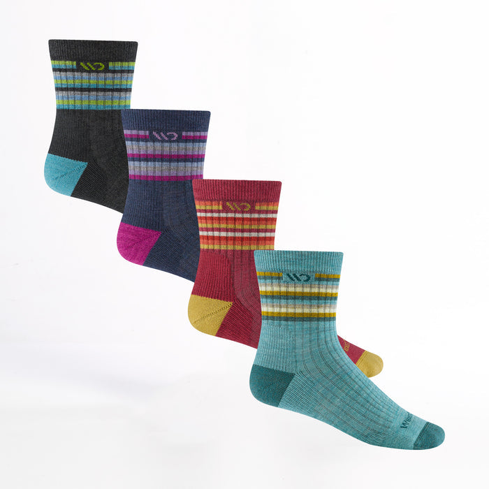 Bundle image of four socks in Charcoal, Denim, Cranberry, and Teal