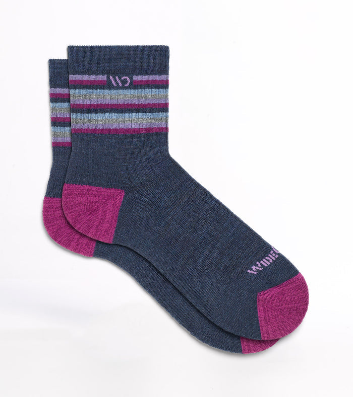 Socks featuring fuchsia heel/toe, lavender logo, denim body, and stripes on cuff --Denim