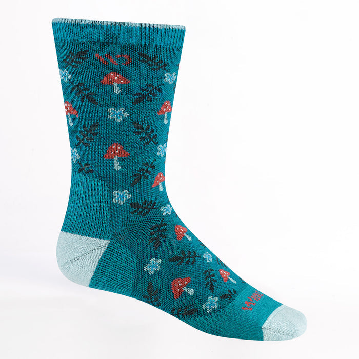 Womens Wildwood cushioned crew 9512 in bright teal featuring argyle mushroom and fern leaves light blue toe/heel red logo