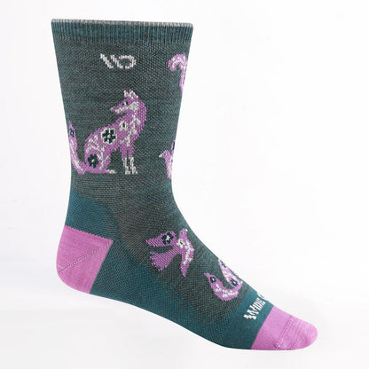 Women's woodland wonder lightweight micro crew in teal featuring pink heel/toe and wildlife designs all over