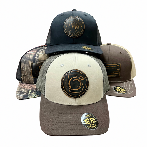 Four different hats with logos on a white background